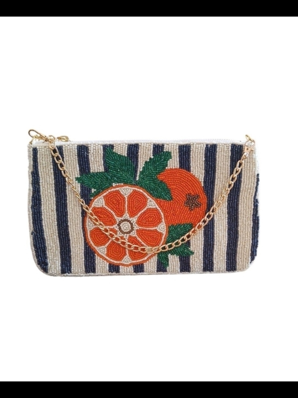 NWOT!Wildfox Navy Stripe Beaded Citrus Clutch with Gold Chain